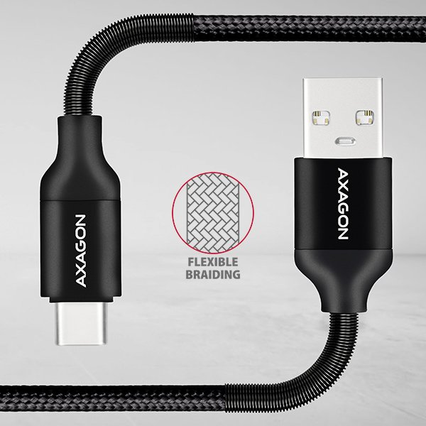 AXAGON BUCM-AM05SB, SPRING kabel USB-C <-> USB-A, 0.5m, 3A, oplet, černý - obrázek č. 4