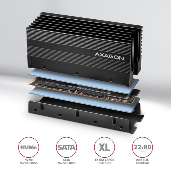 AXAGON CLR-M2XL, hliníkový pasivní chladič pro jedno i oboustranný M.2 SSD disk, výška 36 mm - obrázek č. 1