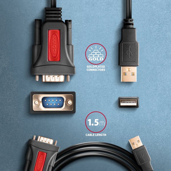 AXAGON ADS-1PSN, USB-A 2.0 - sériový RS-232 DB9-M Prolific adaptér /  kabel 1.5m - obrázek č. 4
