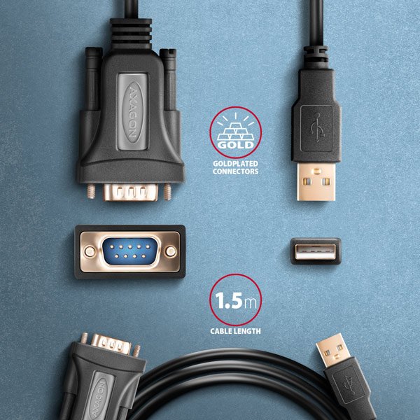 AXAGON ADS-1PQN, USB-A 2.0 - sériový RS-232 DB9-M FTDI adaptér /  kabel 1.5m - obrázek č. 4