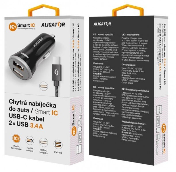ALIGATOR Chytrá nabíječka do auta 3.4A, 2xUSB, smart IC, černá, USB-C kabel - obrázek č. 5