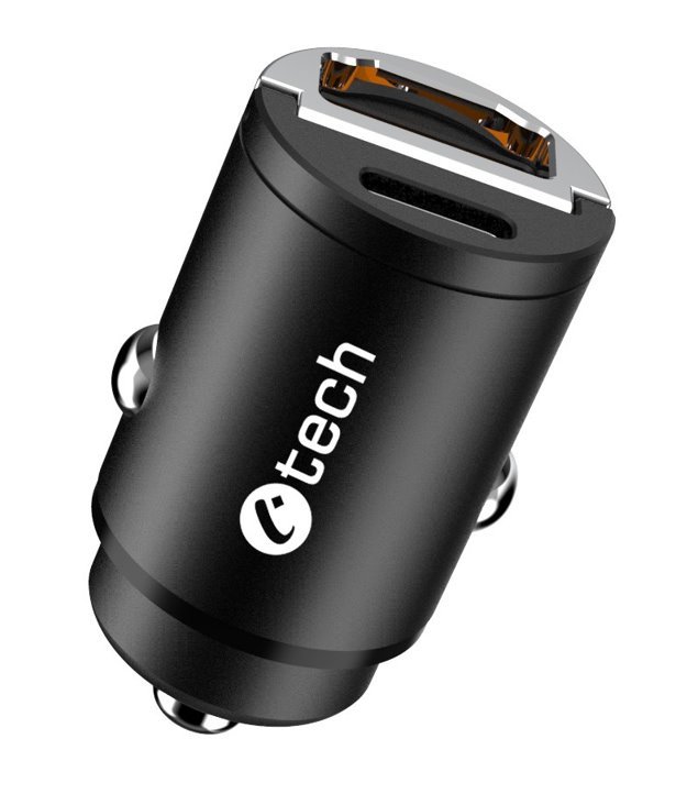Nabíječka USB do auta C-TECH UCC-02, 1x Type C + 1 x Type A,  30W, Power delivery 3.0, Quick Charge - obrázek produktu