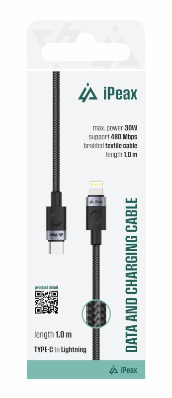 TEXTILNÍ KABEL USB-C  /  LIGHTNING 1M, USB 2.0 ČERNÝ - obrázek produktu