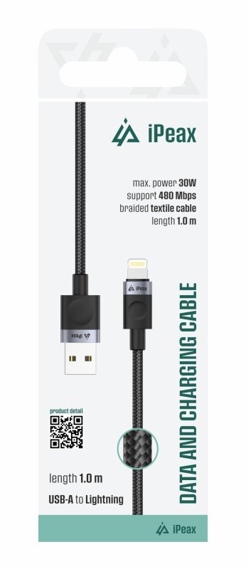 TEXTILNÍ KABEL USB-A  /  LIGHTNING 1M, USB 2.0 ČERNÝ - obrázek produktu