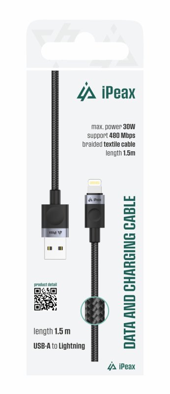 TEXTILNÍ KABEL USB-A / LIGHTNING 1,5M, USB 2.0 ČERNÝ - obrázek produktu