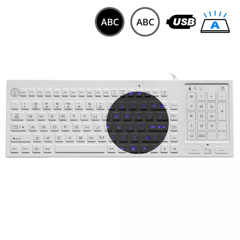 SK318BL – Silikonová antibakteriální klávesnice s touchpadem podsvícená, CZ, USB, IP68 - obrázek produktu