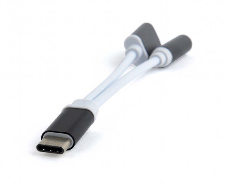 GEMBIRD USB type-C plug to stereo 3.5 mm audio adapter cable, with extra power socket, black - obrázek č. 1
