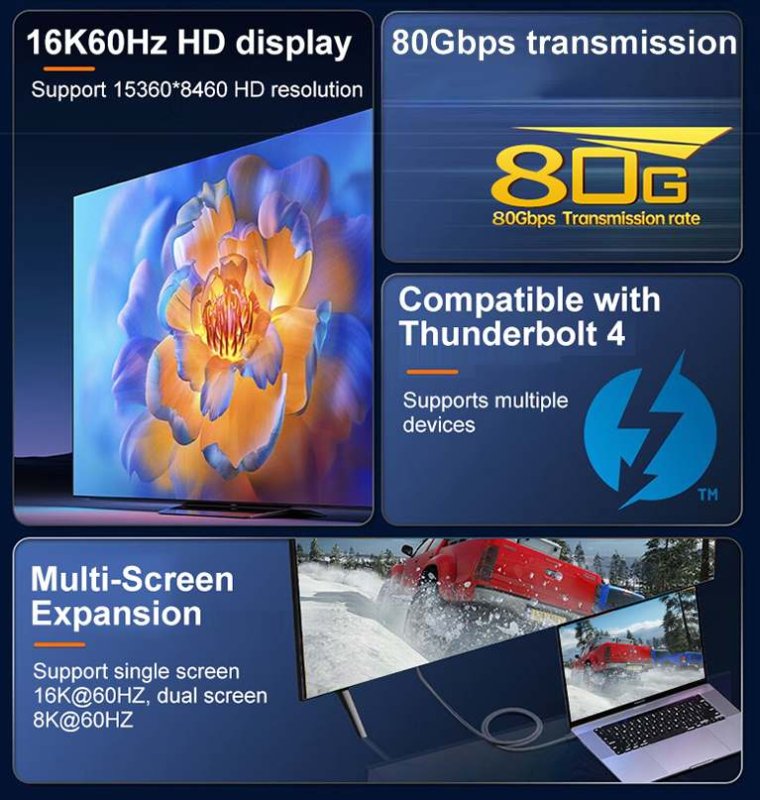 PremiumCord USB4™ Version2.0 80Gbps 16K@60Hz 240W Thunderbolt 3 a 4 kabel zahnutý 1m - obrázek č. 9
