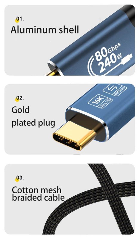 PremiumCord USB4™ Version2.0 80Gbps 16K@60Hz 240W Thunderbolt 3 a 4 kabel zahnutý 1m - obrázek č. 2
