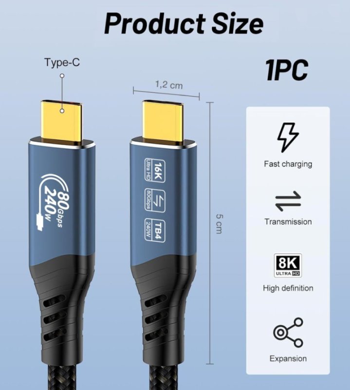 PremiumCord USB4™ Version2.0 80Gbps 16K@60Hz 240W Thunderbolt 3 a 4 kabel zahnutý 1,2m - obrázek č. 5