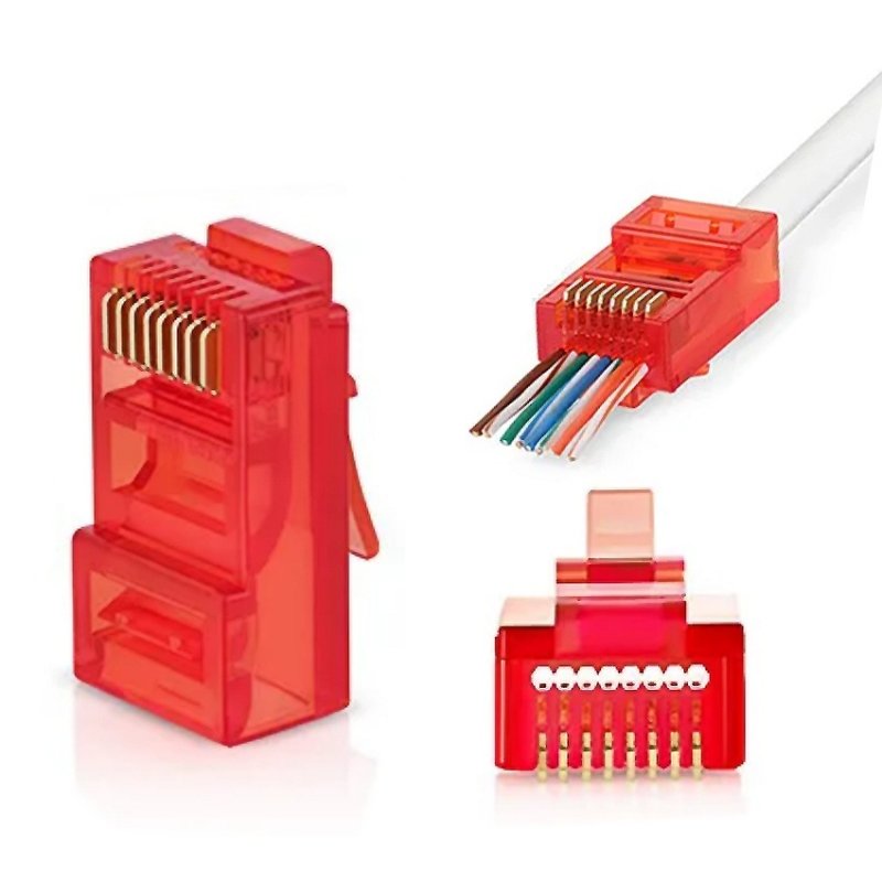 W-star Konektor UTP RJ45EZ Cat5e100ks pozlacený, červená, pass through RJ45EZ5RS - obrázek produktu