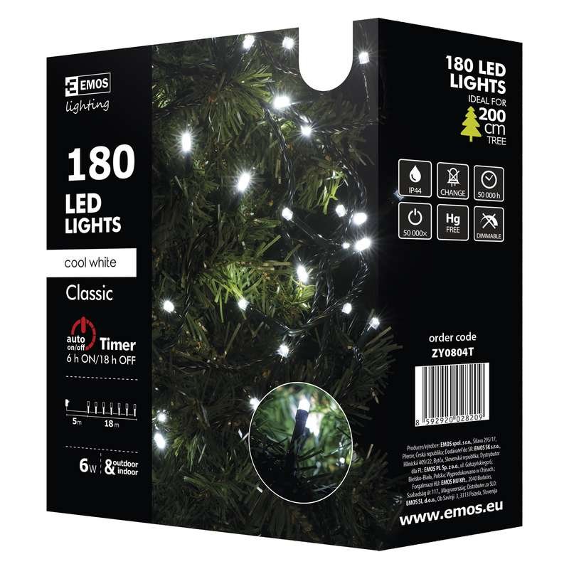 Vánoční řetěz 180 LED, 18m, studená bílá + časovač - obrázek produktu