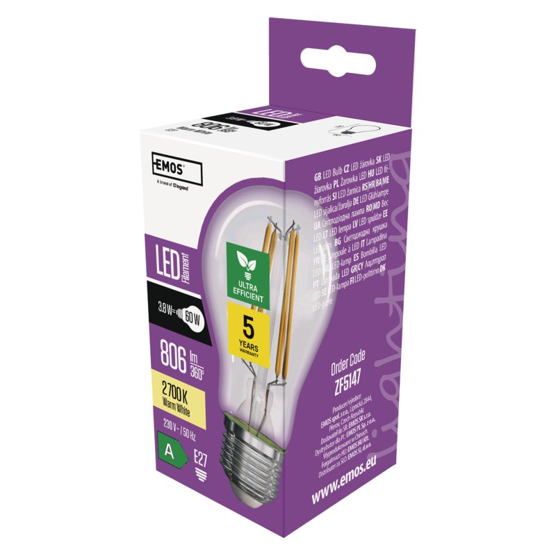 LED žárovka A60/ E27/ 3,8W/ 60W/ 806lm/ teplá bílá - obrázek produktu