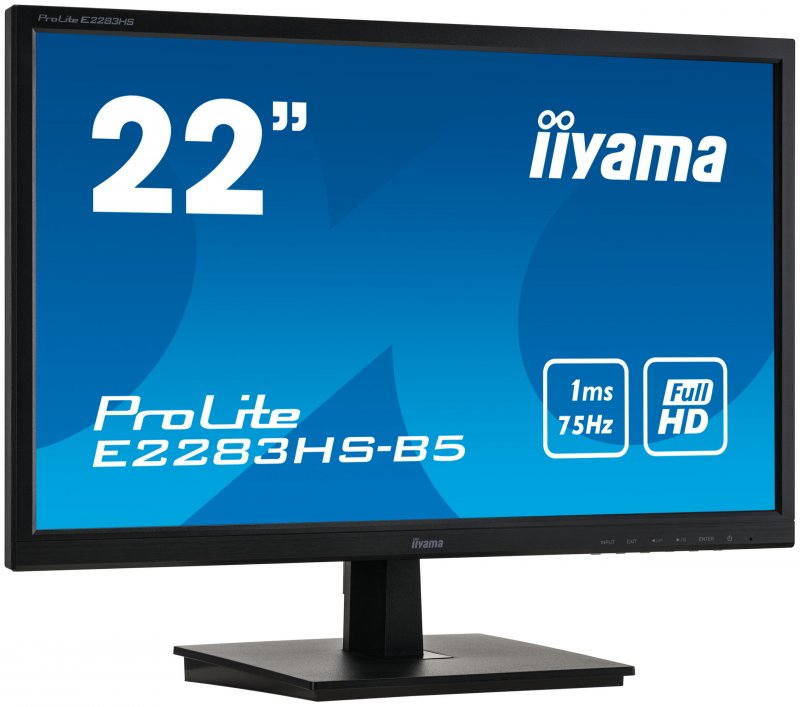 22" iiyama E2283HS-B5: TN, FullHD@75Hz, 250cd/ m2, 1ms, VGA, HDMI, DP, černý - obrázek č. 1