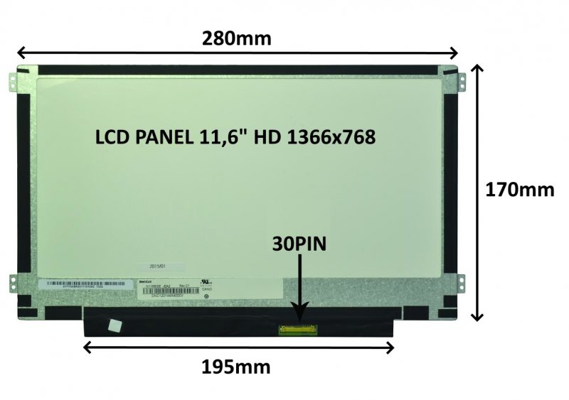 LCD PANEL 11,6" HD 1366x768 30PIN MATNÝ /  ÚCHYTY PO STRANÁCH - obrázek produktu