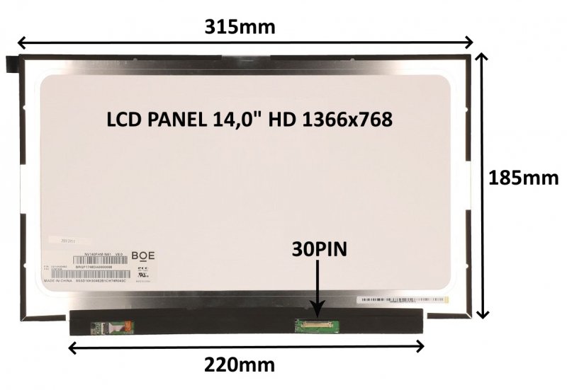 LCD PANEL 14,0" HD 1366x768 30PIN MATNÝ /  BEZ ÚCHYTŮ - obrázek produktu
