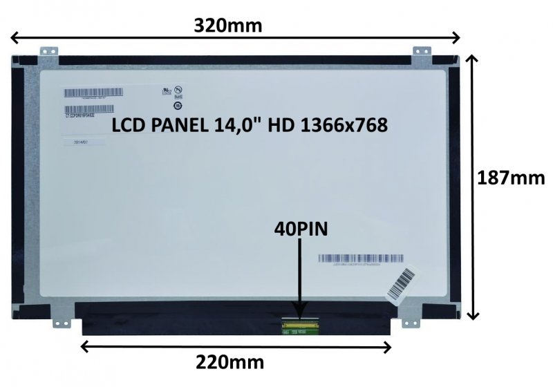 LCD PANEL 14,0" HD 1366x768 40PIN MATNÝ /  ÚCHYTY NAHOŘE A DOLE - obrázek produktu
