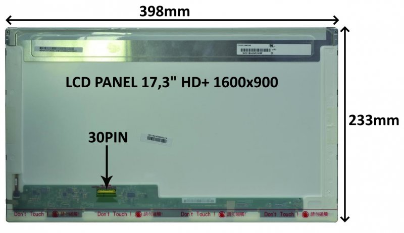LCD PANEL 17,3" HD+ 1600x900 30PIN LESKLÝ /  ŠROUBOVÁNÍ Z BOKŮ - obrázek produktu