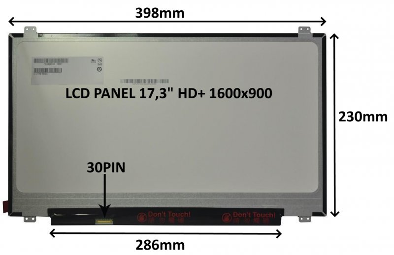LCD PANEL 17,3" HD+ 1600x900 30PIN MATNÝ /  ÚCHYTY NAHOŘE A DOLE - obrázek produktu