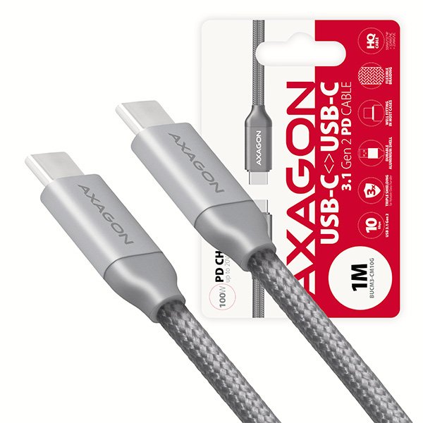 AXAGON BUCM3-CM10G, PD 100W kabel USB-C  <-> USB-C 3.2 Gen 2, 1m, 5A, oplet, šedý - obrázek produktu