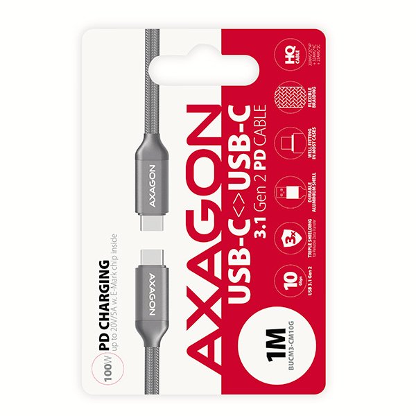AXAGON BUCM3-CM10G, PD 100W kabel USB-C  <-> USB-C 3.2 Gen 2, 1m, 5A, oplet, šedý - obrázek č. 5