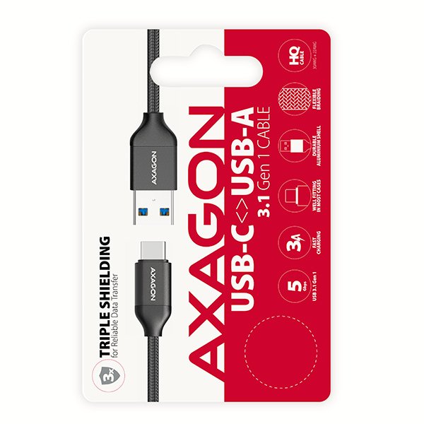 AXAGON BUCM3-AM05B, SUPERSPEED kabel USB-C  <-> USB-A 3.2 Gen 1, 0.5m, 3A, oplet, černý - obrázek č. 5