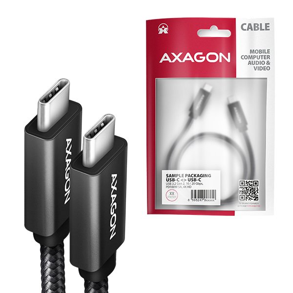 AXAGON BUCM32-CM10AB, SPEED+ kabel USB-C <-> USB-C, 1m, USB 20Gbps, PD 100W 5A, 4K HD, ALU, oplet - obrázek č. 7