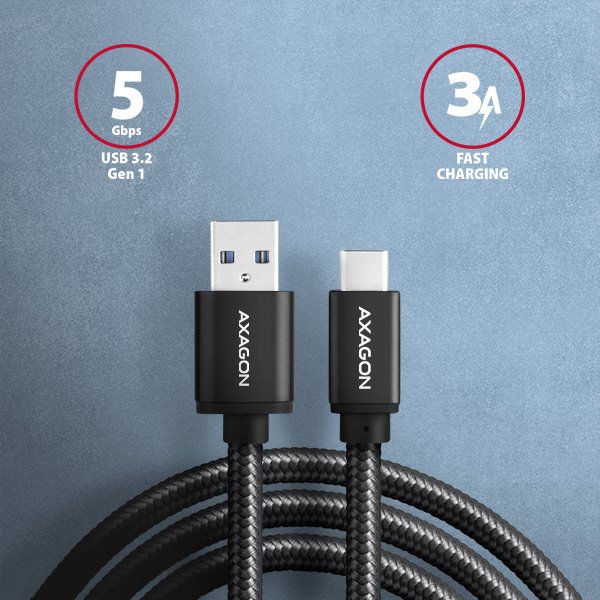 AXAGON BUCM3-AM20AB, SPEED kabel USB-C <-> USB-A, 2m, USB 3.2 Gen 1, 3A, ALU, oplet, černý - obrázek č. 1