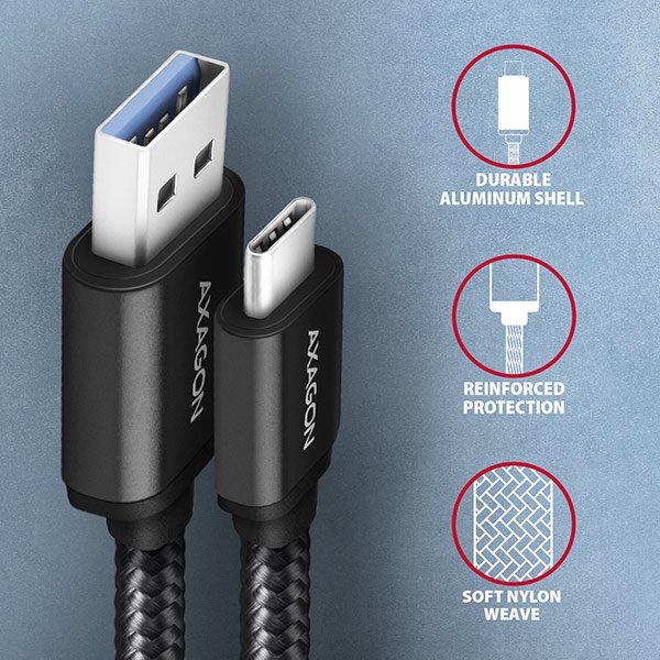AXAGON BUCM3-AM20AB, SPEED kabel USB-C <-> USB-A, 2m, USB 3.2 Gen 1, 3A, ALU, oplet, černý - obrázek č. 2
