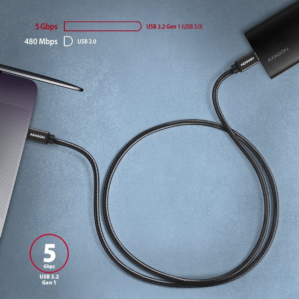 AXAGON BUCM3-CM15AB, SPEED kabel USB-C <-> USB-C, 1.5m, USB 3.2 Gen 1, PD 60W 3A, ALU, oplet, černý - obrázek č. 5