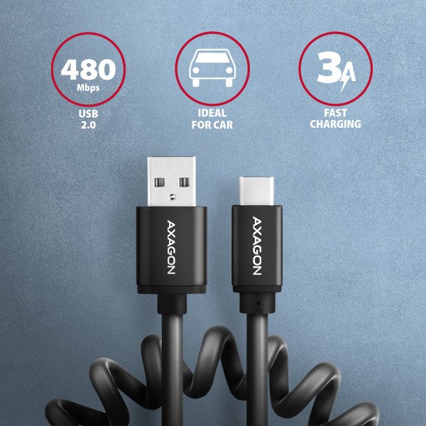 AXAGON BUCM-AM10TB, TWISTER kabel USB-C <-> USB-A, 0.6m, USB 2.0, 3A, ALU, tpe, černý - obrázek č. 1