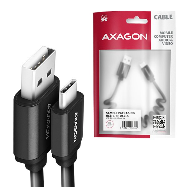 AXAGON BUCM-AM10TB, TWISTER kabel USB-C <-> USB-A, 0.6m, USB 2.0, 3A, ALU, tpe, černý - obrázek č. 5