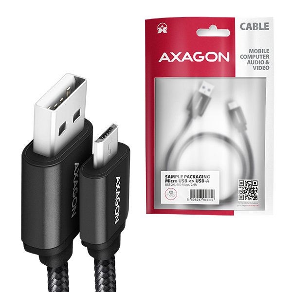 AXAGON BUMM-AM10AB, HQ kabel Micro USB <-> USB-A, 1m, USB 2.0, 2.4A, ALU, oplet, černý - obrázek č. 4