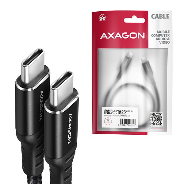 AXAGON BUCM-CM30AB, HQ kabel USB-C <-> USB-C, 3m, USB 2.0, PD 60W 3A, ALU, oplet, černý - obrázek č. 6