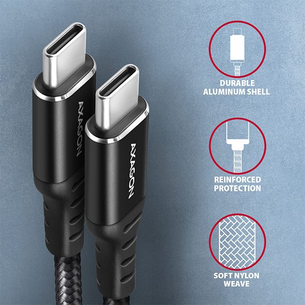AXAGON BUCM-CM20AB, HQ kabel USB-C <-> USB-C, 2m, USB 2.0, PD 60W 3A, ALU, oplet, černý - obrázek č. 2