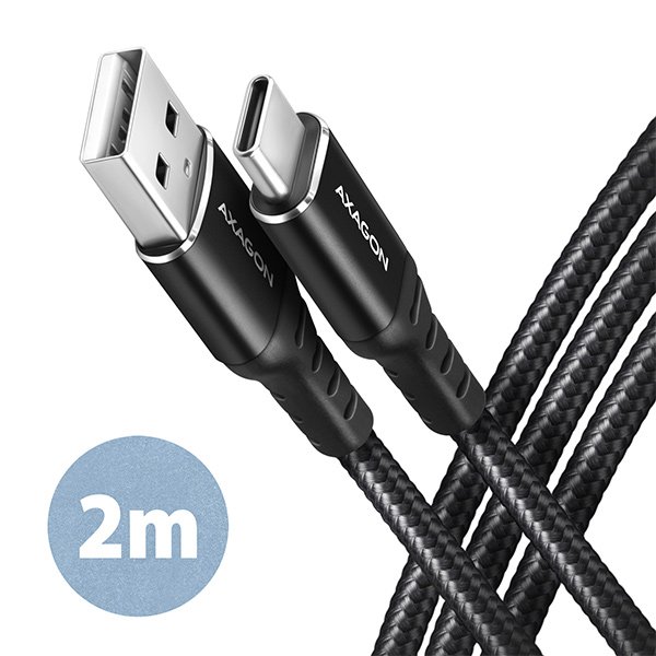 AXAGON BUCM-AM20AB, HQ kabel USB-C <-> USB-A, 2m, USB 2.0, 3A, ALU, oplet, černý - obrázek produktu