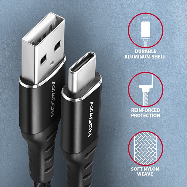 AXAGON BUCM-AM20AB, HQ kabel USB-C <-> USB-A, 2m, USB 2.0, 3A, ALU, oplet, černý - obrázek č. 2