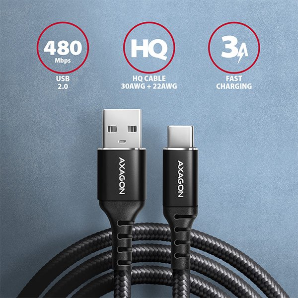 AXAGON BUCM-AM20AB, HQ kabel USB-C <-> USB-A, 2m, USB 2.0, 3A, ALU, oplet, černý - obrázek č. 1