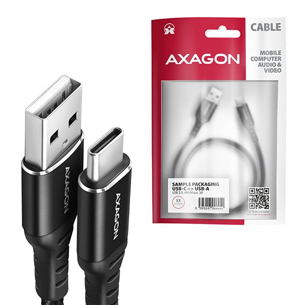 AXAGON BUCM-AM20AB, HQ kabel USB-C <-> USB-A, 2m, USB 2.0, 3A, ALU, oplet, černý - obrázek č. 3