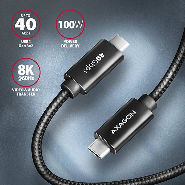 AXAGON BUCM432-CM10AB NewGEN+ kabel USB-C <-> USB-C, 1m, USB4 Gen 3×2, PD 100W 5A, 8K HD, ALU, oplet - obrázek č. 1