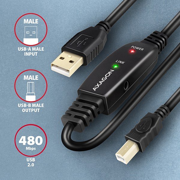 AXAGON ADR-210B, USB 2.0 A-M -> B-M aktivní propojovací /  repeater kabel, 10m - obrázek č. 1