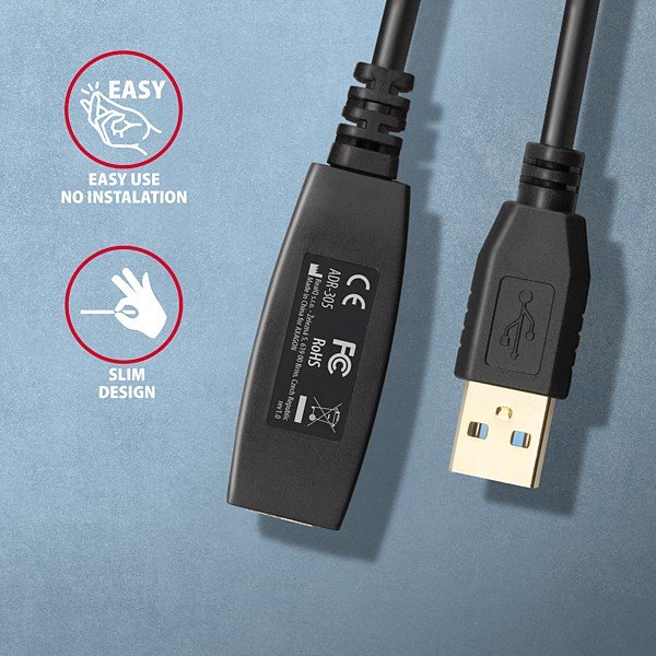 AXAGON ADR-305, USB 3.2 Gen 1 A-M -> A-F aktivní prodlužovací /  repeater kabel, 5m - obrázek produktu