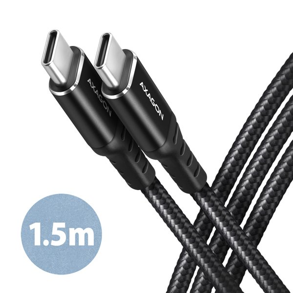 AXAGON BUCM-CM15AB, HQ kabel USB-C <-> USB-C, 1.5m, USB 2.0, PD 60W 3A, ALU, oplet, černý - obrázek produktu