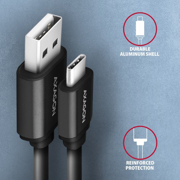 AXAGON BUCM-AM20TB, TWISTER kabel USB-C <-> USB-A, 1.1m, USB 2.0, 3A, ALU, tpe, černý - obrázek č. 2