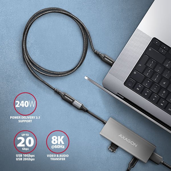 AXAGON BUCM32-CF15AB prodlužovací kabel USB-C (M) <-> USB-C (F), 1.5m, USB 20Gbps, PD 240W ALU oplet - obrázek č. 3