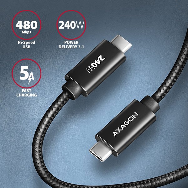 AXAGON BUCM2-CM30AB, CHARGE kabel USB-C <-> USB-C, 3m, Hi-Speed USB, PD 240W 5A, ALU, oplet, černý - obrázek č. 1