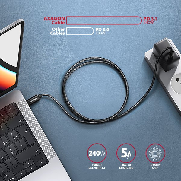 AXAGON BUCM2-CM30AB, CHARGE kabel USB-C <-> USB-C, 3m, Hi-Speed USB, PD 240W 5A, ALU, oplet, černý - obrázek č. 3