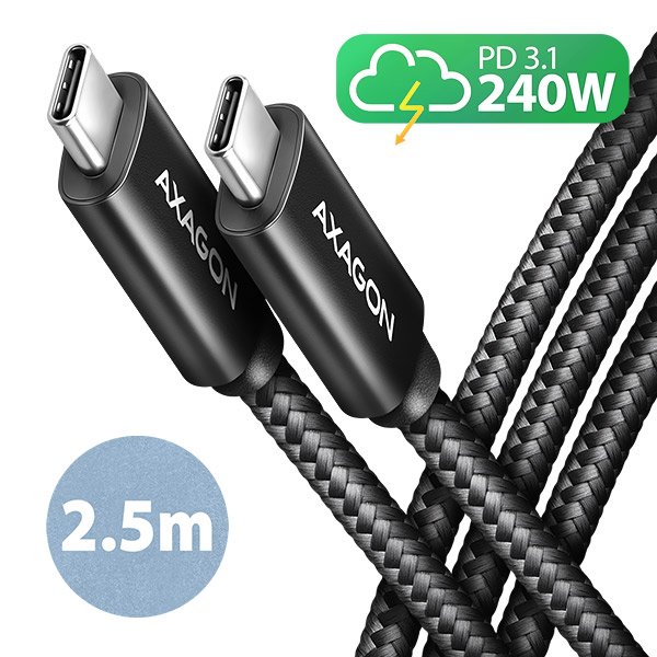 AXAGON BUCM2-CM25AB, CHARGE kabel USB-C <-> USB-C, 2.5m, Hi-Speed USB, PD 240W 5A, ALU, oplet, černý - obrázek produktu
