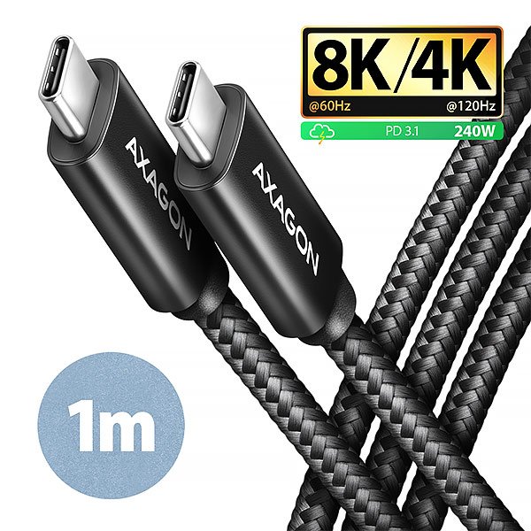 AXAGON BUCM4X-CM10AB NewGEN+ kabel USB-C <-> USB-C, 1m, USB4 Gen 3×2, PD 240W 5A, 8K HD, ALU, oplet - obrázek produktu