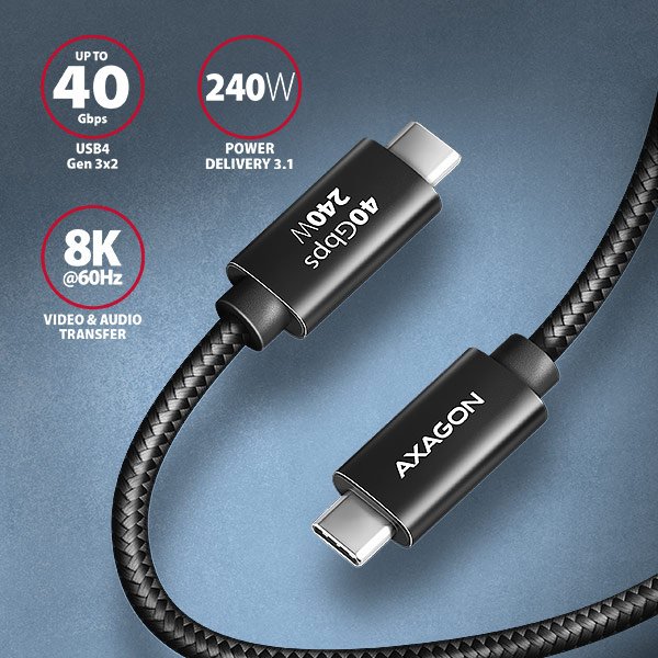 AXAGON BUCM4X-CM10AB NewGEN+ kabel USB-C <-> USB-C, 1m, USB4 Gen 3×2, PD 240W 5A, 8K HD, ALU, oplet - obrázek č. 1